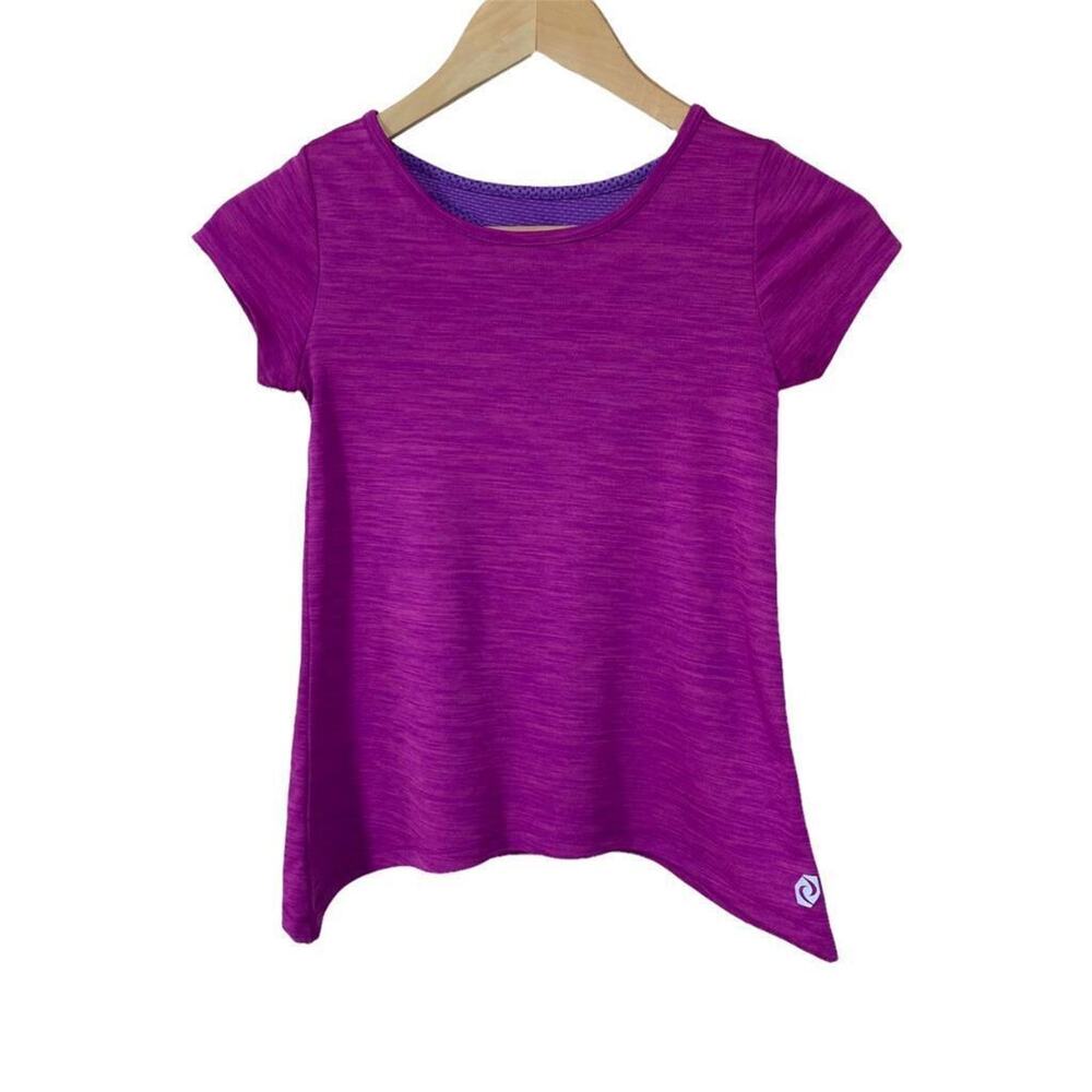 Girls S 7 JK Tech Pink Purple Athletic Asymmetrical Hem Line Short Sleeve Top